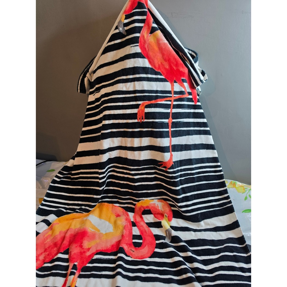 Nicole Miller Home Flamingo Beach Towel Black White Striped 100% Cotton 60x34